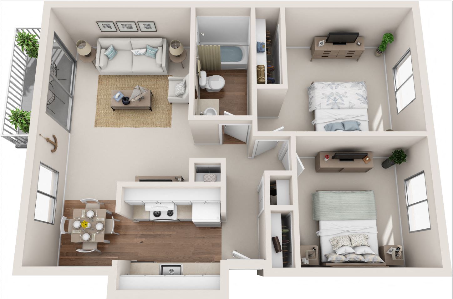 Floor plan for 2 beds, 1 bath, 882 sqft